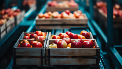 A conveyor belt with apples on it, inside an apple factory. Apples in a market.