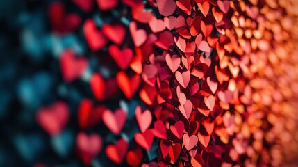 A vibrant wall adorned with a multitude of colorful hearts, each radiating love and joy, perfect for celebrating the spirit of Valentine's Day.