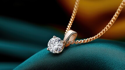 [Diamond pendant necklace closeup photography] Diamond Pendant Necklace in Teardrop Oval Design Over Soft Gradient Blue Fabric Background