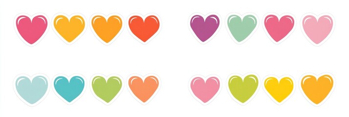 This set features a variety of heart stickers in vibrant colors with clean white outlines, perfect for Valentine's Day crafts and decorations, showcasing love and joy