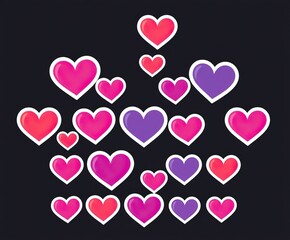 This vibrant set features assorted heart stickers in pink, purple, and magenta colors with a clean white outline. Ideal for Valentine's Day and any romantic occasion