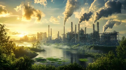 Naklejka premium Industrial Plant Pollution Sunset River Landscape