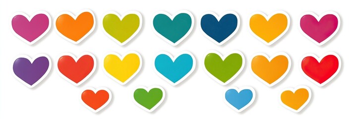 Explore a cheerful collection of heart stickers featuring various colors and a clean white outline, perfect for expressing love on Valentine's Day and beyond