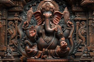 Fototapeta premium Ornate Ganesha statue, Indian temple, religious art, spiritual background