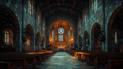 Cathedral interior, sunlight, stone architecture, peaceful atmosphere, religious worship