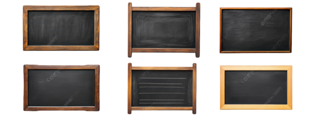 six different chalkboards arranged in a grid. showcasing various wooden frames and styles each chalkboard is blank. allowing for versatile use in classrooms. restaurants. or homes for writing messages