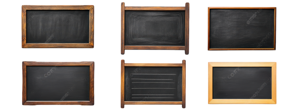 six different chalkboards arranged in a grid. showcasing various wooden frames and styles each chalkboard is blank. allowing for versatile use in classrooms. restaurants. or homes for writing messages