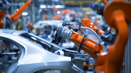 An ergonomic specialist designing ergonomic tools for assembly line workers in an automotive manufacturing plant, with assembly tools and production line settings visible