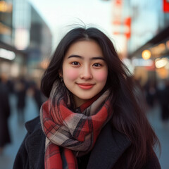 portrait of a young adult asian woman standing in the middle of a  busy city square during the day