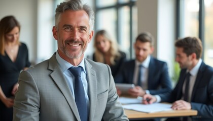 A distinguished middle-aged man in a tailored gray suit exudes confidence as he smiles warmly in a contemporary office. Behind him, a diverse group of professionals engage in a collaborative meeting
