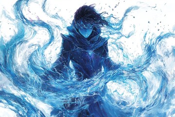 Fototapeta premium Mysterious figure manipulating water with flowing energy in a surreal, dreamlike atmosphere. Generative AI