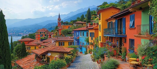 Colorful Italian village hillside, lake view, cobblestone street. Travel brochure