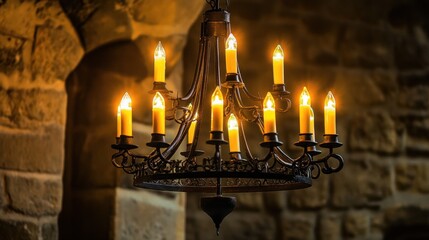 Antique Chandelier Illuminating Stone Walls