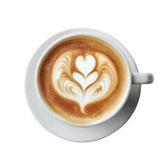 beautifully crafted latte with intricate heart-shaped latte art. served in a white cup on a matching saucer the warm tones of the coffee contrast with the bright background. highlighting the artistry
