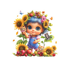 Fototapeta premium Adorable Little Girl with Kittens and Sunflowers - Autumn Harvest Illustration