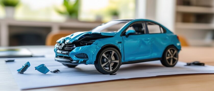 Damaged Toy Car, Insurance Claim Concept, Accident Simulation