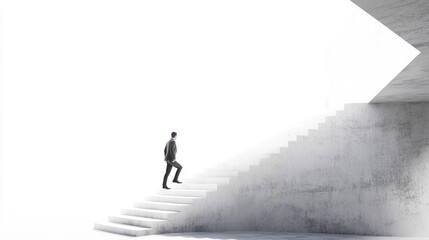 Businessman climbing stairs towards goal, business progress, abstract modern illustration, isolated on white background