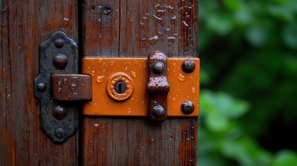 [Rustic wooden door with weathered appearance outdoors in garden setting] Rusty Wooden Door Entrance to Serene Outdoor Garden Scene