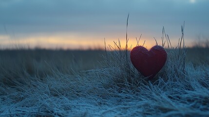 Fototapeta premium A vibrant red heart rests serenely in a lush green field, symbolizing love's beauty amidst nature's embrace on this enchanting Valentine's Day.