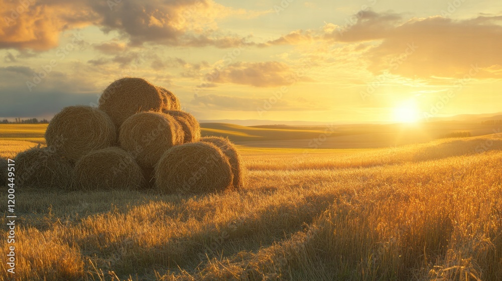 Poster golden sunset over a field with hay bales stacked in the foreground and rolling hills in the distanc