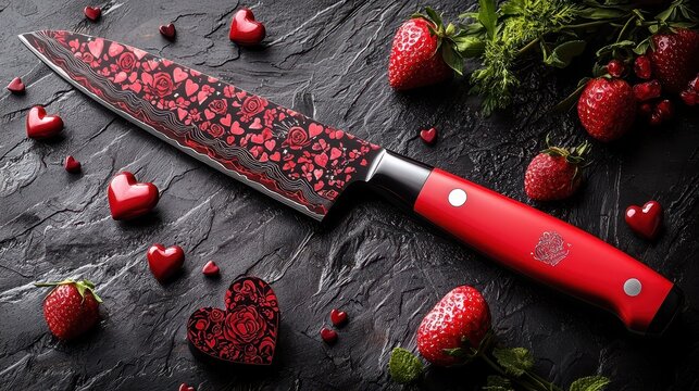 A vivid red knife with a sleek black handle is adorned with charming red hearts, embodying a playful spirit of love and celebration for Valentine's Day.