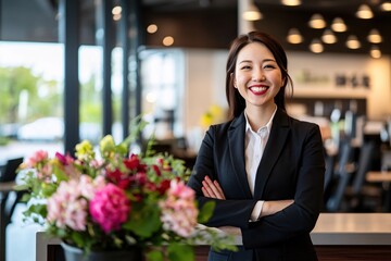 Confident Businesswoman Smiling in Modern Office with Flowers