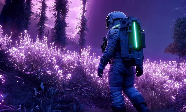 Astronaut explores alien flora under purple moon
