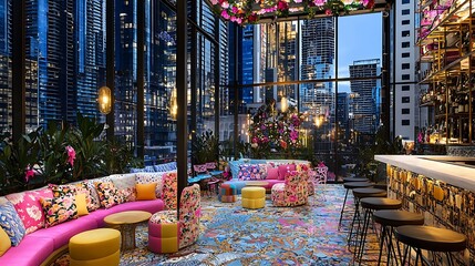 Rooftop bar, city view, colorful decor, evening ambiance, relaxation