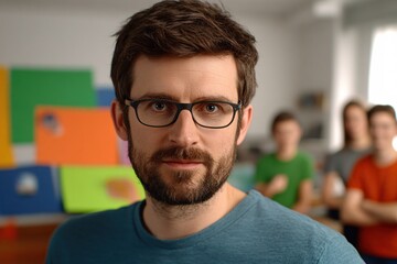 Obraz premium Focused Man with Glasses in a Creative Home Office Setting