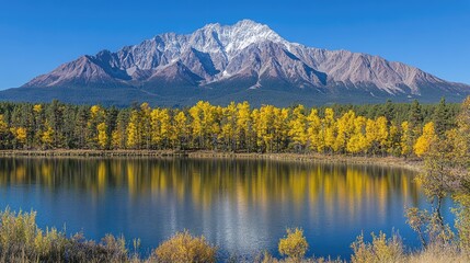 Fototapeta premium Autumn lake reflecting snowy mountain; scenic landscape; fall foliage; nature; travel
