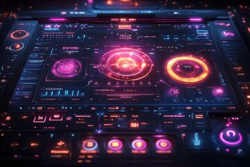 Obraz premium Futuristic digital interface with glowing elements and data visualization.