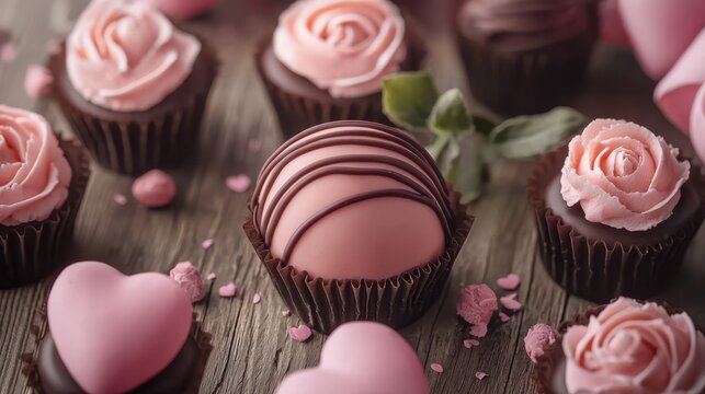 Delight in a sea of cupcakes adorned with luscious pink frosting and charming chocolate decorations, perfect for celebrating love on Valentine's Day.
