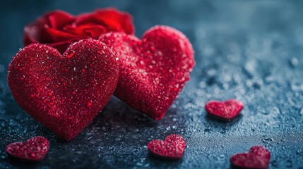 Obraz premium Two vibrant red hearts rest beside a delicate rose, all set against a deep black backdrop, evoking passion and romance for Valentine's Day.