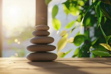 Obraz premium Serene Stacked Stones Peaceful Zen Garden Sunlight Tranquility Nature