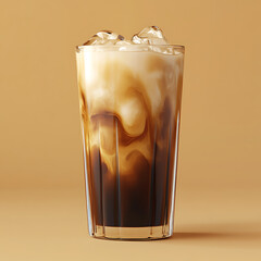 tall glass of cold brew coffee with ice, showcasing rich swirls of cream and coffee. warm background enhances inviting look of this refreshing beverage