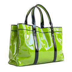 A glossy green handbag with black accents, ideal for fashion and everyday use.