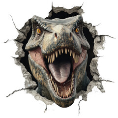Fototapeta premium Realistic 3D Tyrannosaurus-rex Breaking Through a Wall – Transparent PNG | The dinosaur’s sharp teeth, piercing yellow eyes, and dynamic pose create a thrilling and intense effect