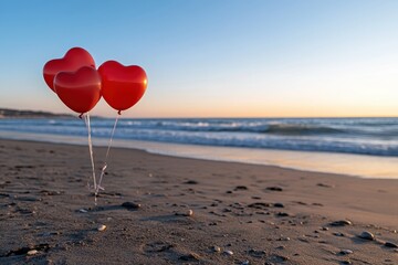 Fototapeta premium Three heart-shaped balloons stand on a tranquil beach at sunset, capturing the essence of romance and leisure amidst the soothing sounds of the waves.