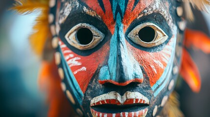 Fototapeta premium Colorful tribal mask, Papua New Guinea, ritual ceremony, blurred background, cultural heritage