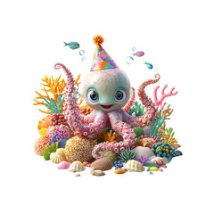 Fototapeta premium Adorable Cartoon Octopus Celebrating Birthday in Vibrant Coral Reef