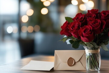 A beautiful bouquet of red roses is accompanied by a note, set against a softly lit background, radiating romance and elegance perfect for expressing heartfelt sentiments.