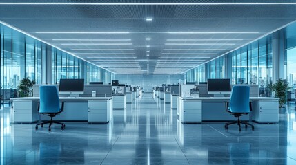 Empty modern office, city view, workday start, business