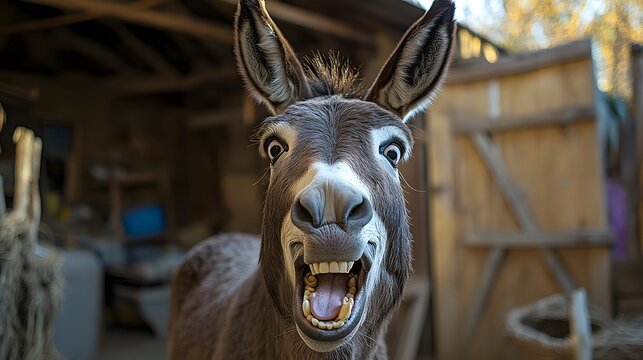 Happy donkey in barn, rural setting, smiling, farm background, livestock image