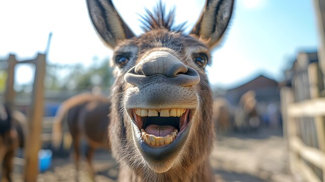 Happy donkey smiling at farm, sunny day