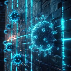Obraz premium Strong glowing wall successfully deflects viruses in a high tech environment with advanced protection. Generative AI