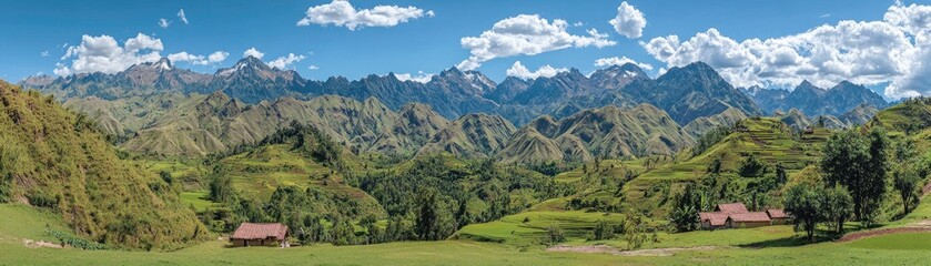 Naklejka premium Mountain valley houses scenic landscape travel tourism postcard