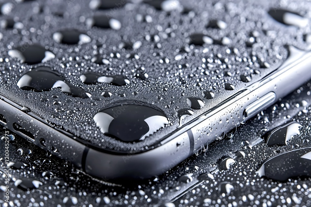 Poster water drops on sleek smartphone surface modern technology abstract background