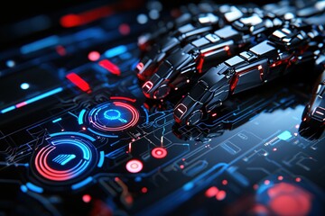 Robotic Hand Interacting with Futuristic Interface Technology Digital World