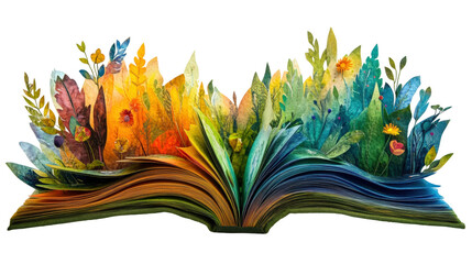 Colorful book with vibrant blooms and leaves emerging from its pages in a creative display isolated on transparent background