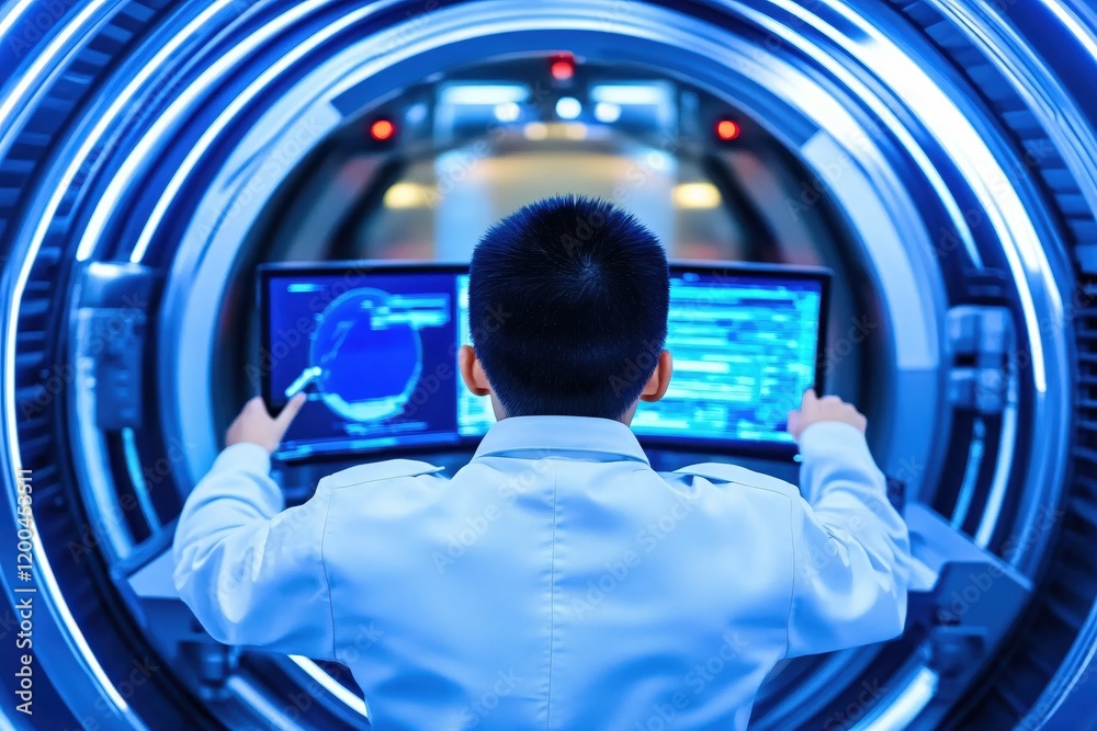 Aufkleber futuristic scientist working on advanced technology screens in a blue high tech lab